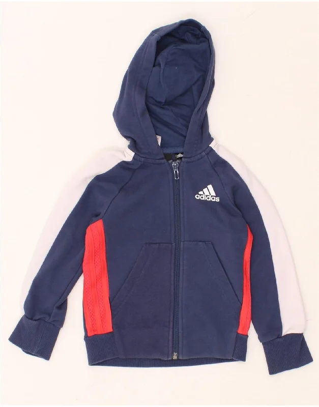 ADIDAS Boys Graphic Zip Hoodie Sweater 4-5 Years Blue Colourblock Cotton Hoodie with Patch Decorative Personalized