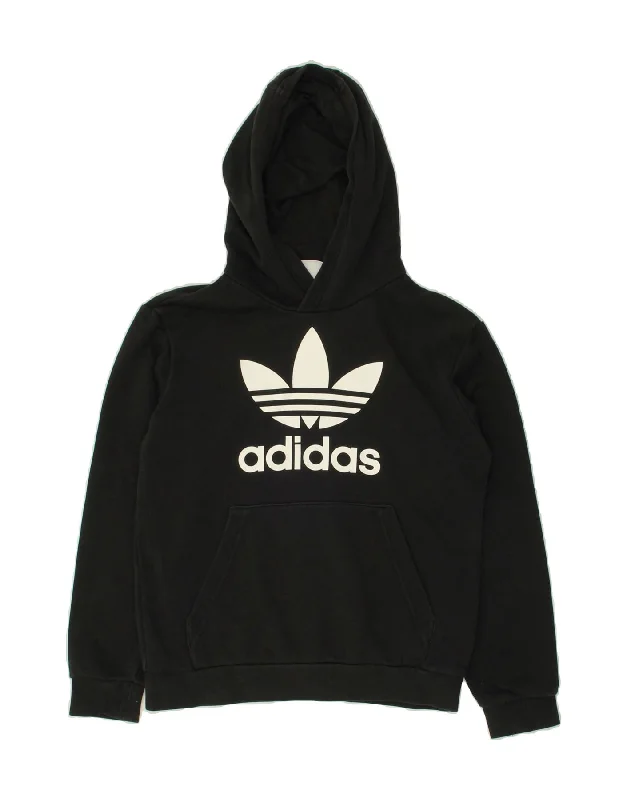 ADIDAS Boys Hoodie Jumper 10-11 Years Black Cotton Hoodie with Crew Neck Simple Timeless