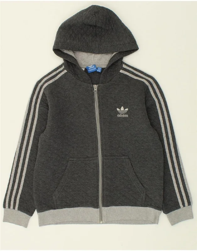 ADIDAS Boys Zip Hoodie Sweater 12-13 Years Grey Cotton Hoodie with Hem Ribbing Snug Secure