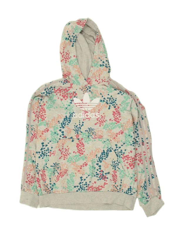 ADIDAS Girls Graphic Hoodie Jumper 13-14 Years Grey Floral Cotton Hoodie with Velcro Closure Adjustable Secure