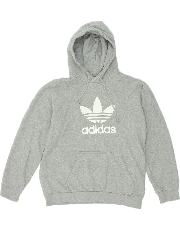 ADIDAS Mens Graphic Hoodie Jumper Medium Grey Cotton Hoodie with Hem Frayed Vintage Worn