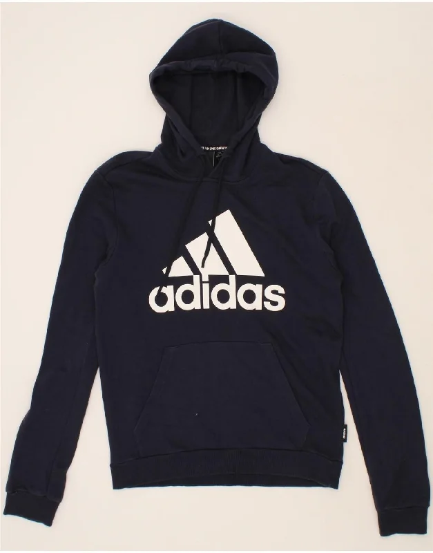 ADIDAS Mens Graphic Hoodie Jumper Medium Navy Blue Cotton Hoodie with Raw Hem Edgy Unfinished