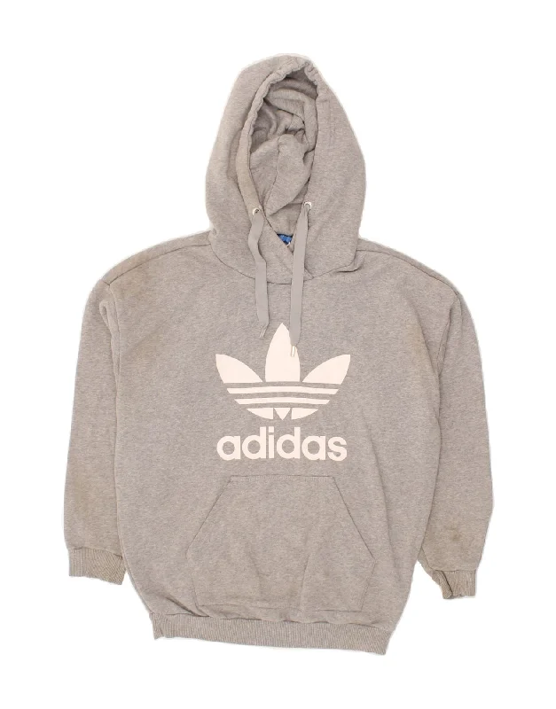 ADIDAS Womens Graphic Hoodie Jumper UK 14 Large Grey Cotton Hoodie with Metallic Shiny Futuristic