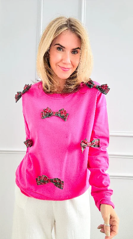 Multi Plaid Bow Sweatshirt - Fuchsia Hoodie with Hem Lace Feminine Delicate