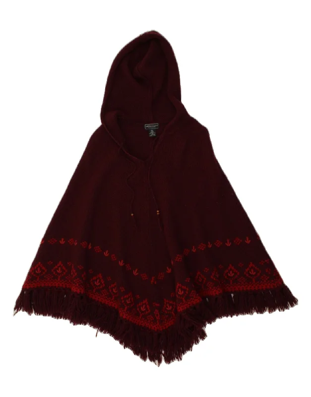 AMERICAN EAGLE Womens Hooded Poncho Jumper UK 12 Medium Burgundy Fair Isle Hoodie with Ribbed Hem Stretchable Secure