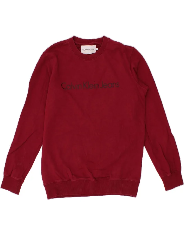 CALVIN KLEIN Mens Graphic Sweatshirt Jumper Large Red Cotton Hoodie with Elastic Cuffs Stretchable Comfortable