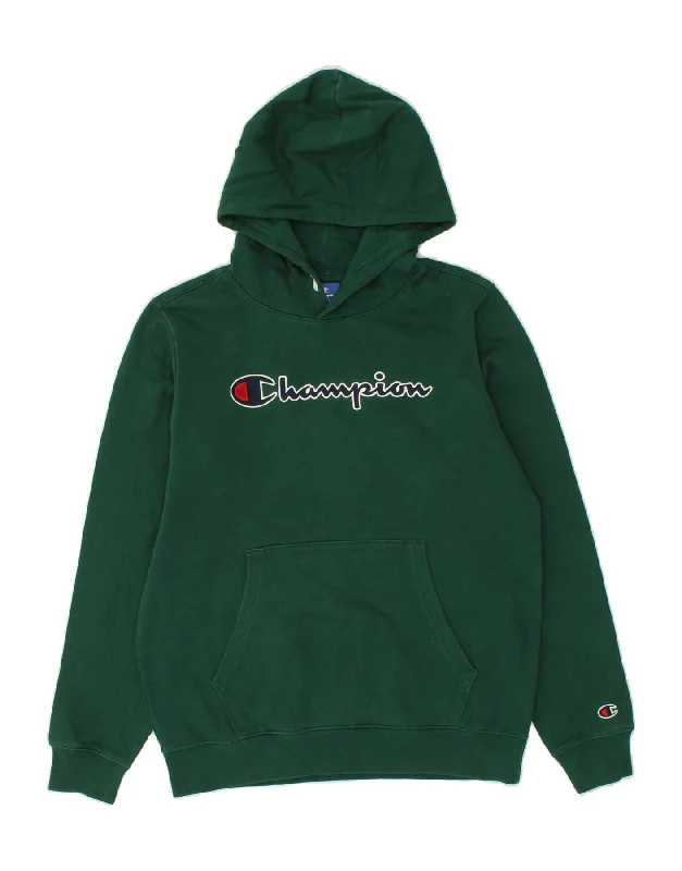 CHAMPION Boys Graphic Hoodie Jumper 15-16 Years 2XL Green Cotton Hoodie with Puffed Sleeves Voluminous Trendy