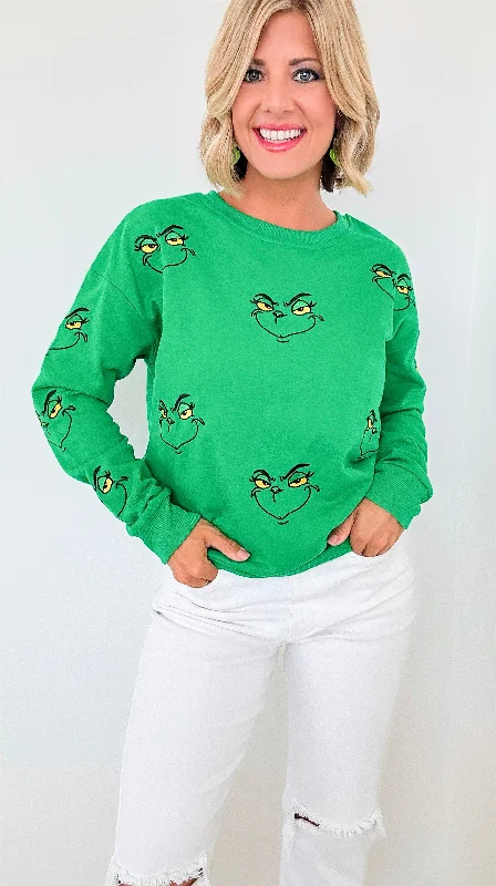 Grinch Embellished Sweatshirt Hoodie with Drawstring Waist Adjustable Fitted