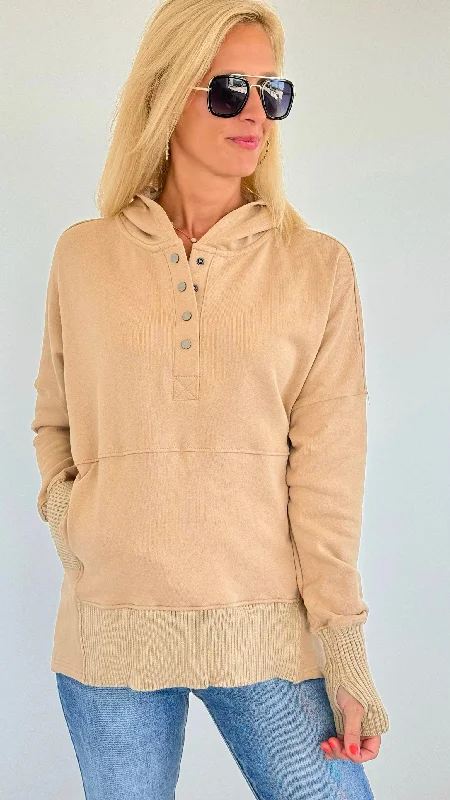 French Terry Buttoned Down Hoodie - Taupe Hoodie with Hem Raw Edge Edgy Unfinished