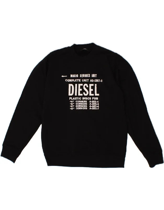 DIESEL Mens Graphic Sweatshirt Jumper Medium Black Cotton Hoodie with Thumb Holes Functional Cozy