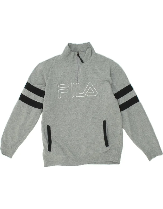 FILA Womens Graphic Zip Neck Sweatshirt Jumper UK 14 Medium Grey Hoodie with Color Block Contrast Stylish