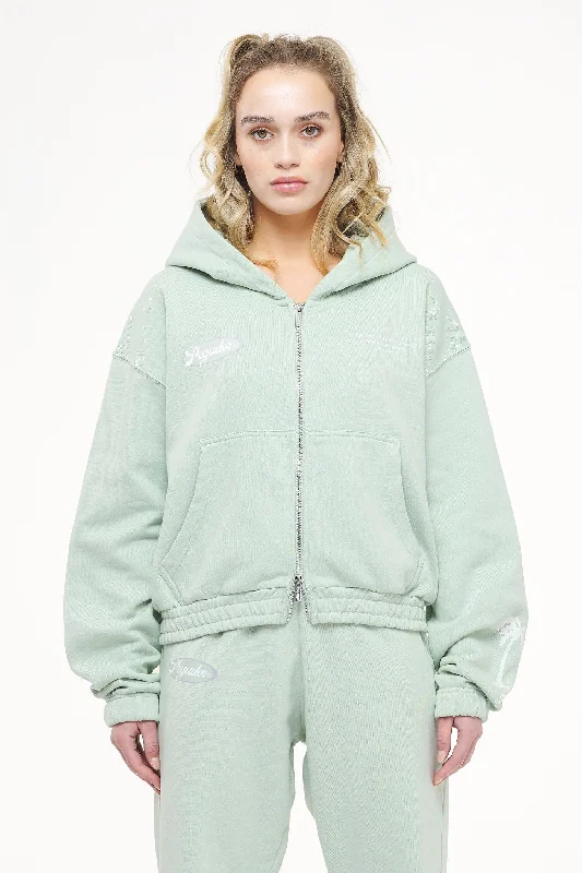 Hills Cropped Zip Hoodie Vintage Washed Milky Green Hoodie with Raglan Sleeves Sporty Comfortable