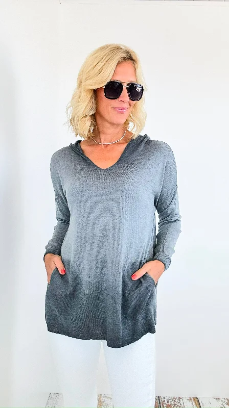 Hoodie V-Neck Italian Sweatshirt Top - Gray Hoodie with Button Placket Classic Preppy