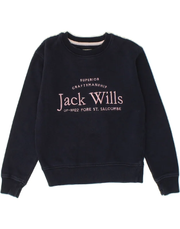 JACK WILLS Girls Graphic Sweatshirt Jumper 7-8 Years Navy Blue Cotton Hoodie Dress Longline Feminine