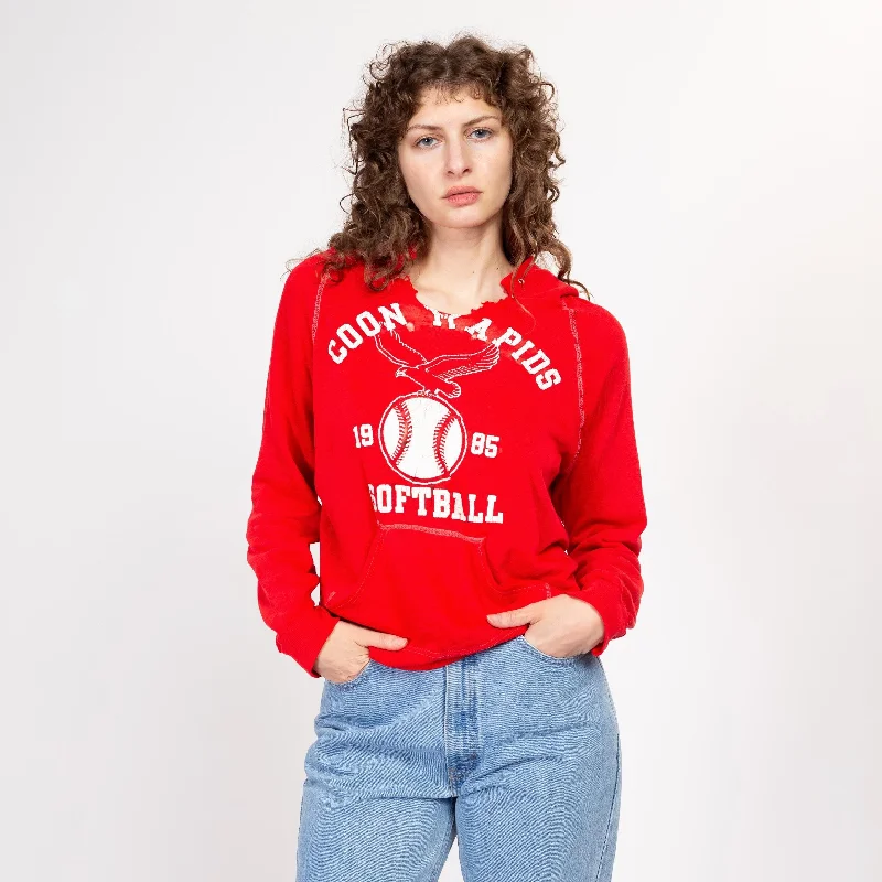 Large 80s Thrashed Red Softball Hoodie Hoodie with Drop Shoulder Relaxed Streetwear