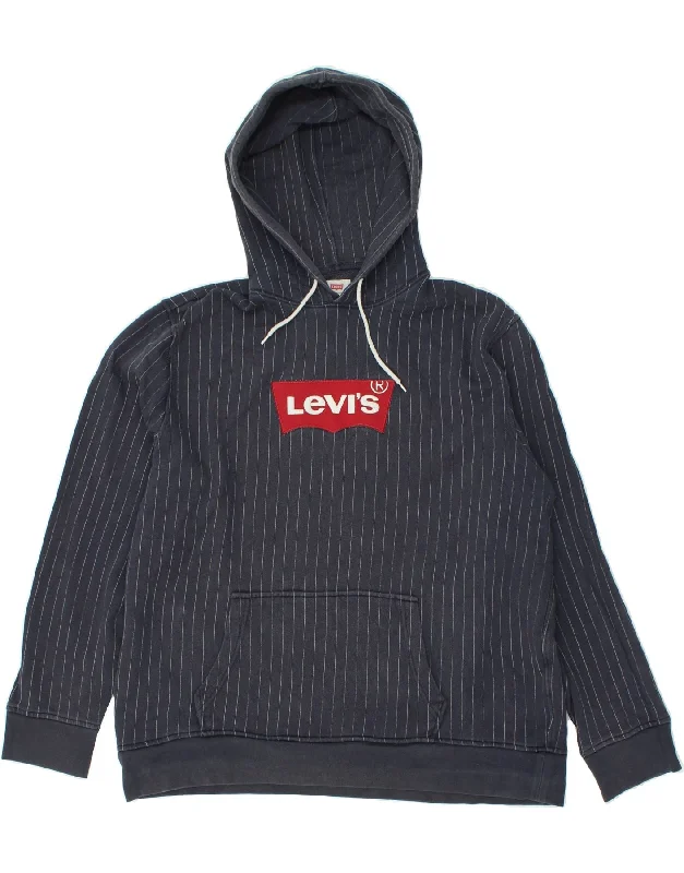 LEVI'S Mens Graphic Hoodie Jumper 2XL Navy Blue Striped Cotton Hoodie with Strings Custom Fit Adjustable