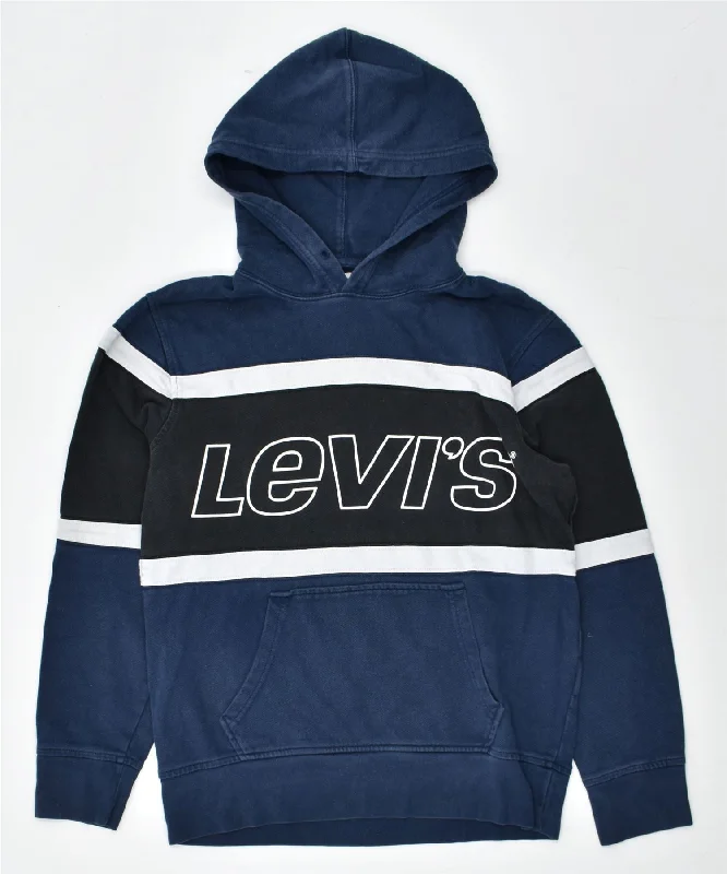 LEVI'S Mens Graphic Hoodie Jumper Small Navy Blue Cotton Hoodie with Emblem Brand Identity