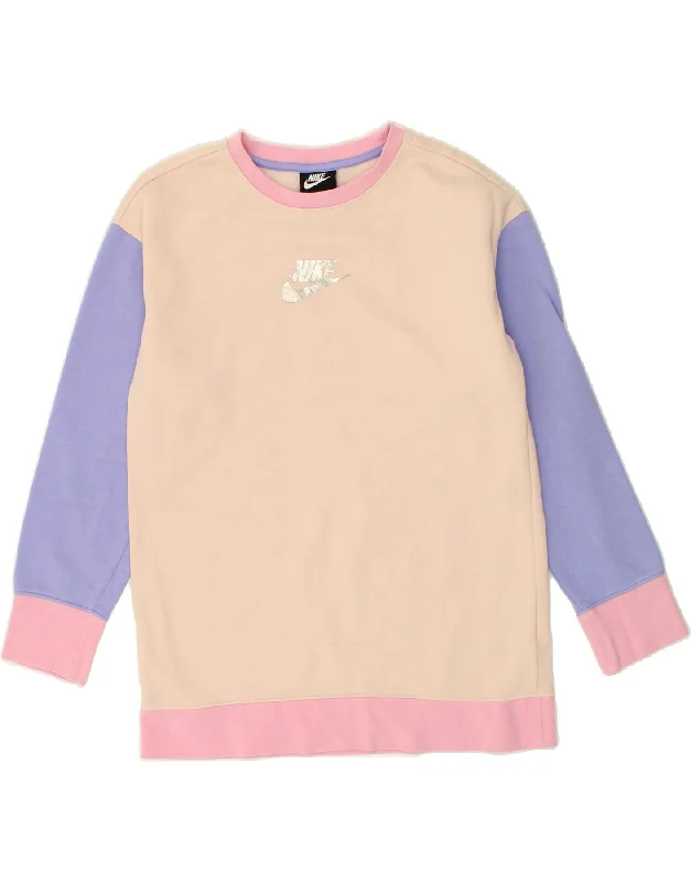 NIKE Girls Sweatshirt Jumper 12-13 Years Large  Pink Colourblock Cotton Hoodie with High-Low Hem Asymmetrical Trendy