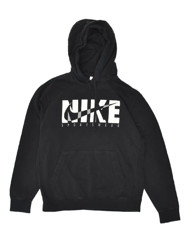 NIKE Mens Graphic Hoodie Jumper Medium Black Cotton Hoodie with Hem Drawcord Adjustable Customizable