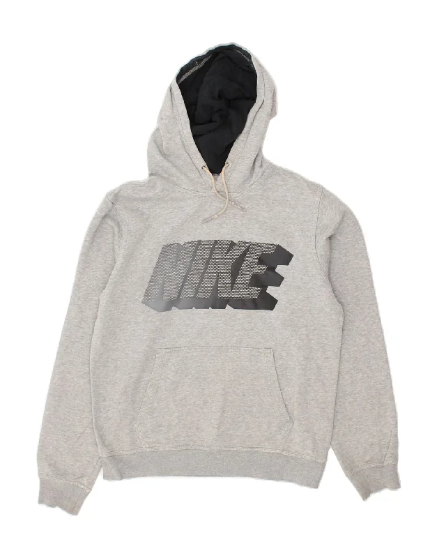 NIKE Mens Graphic Hoodie Jumper Small Grey Cotton Hoodie with Slit Hem Functional Movement