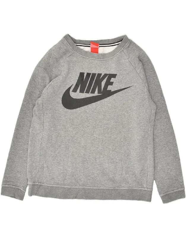 NIKE Mens Graphic Sweatshirt Jumper Small Grey Cotton Hoodie with Hem Frayed Vintage Worn