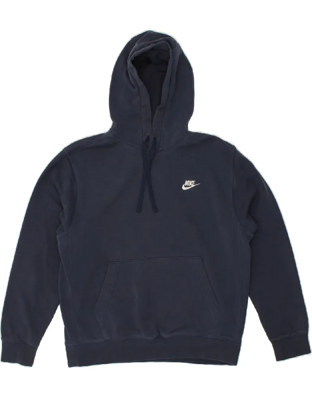 NIKE Mens Hoodie Jumper Medium Navy Blue Cotton Hoodie with Color Block Contrast Stylish