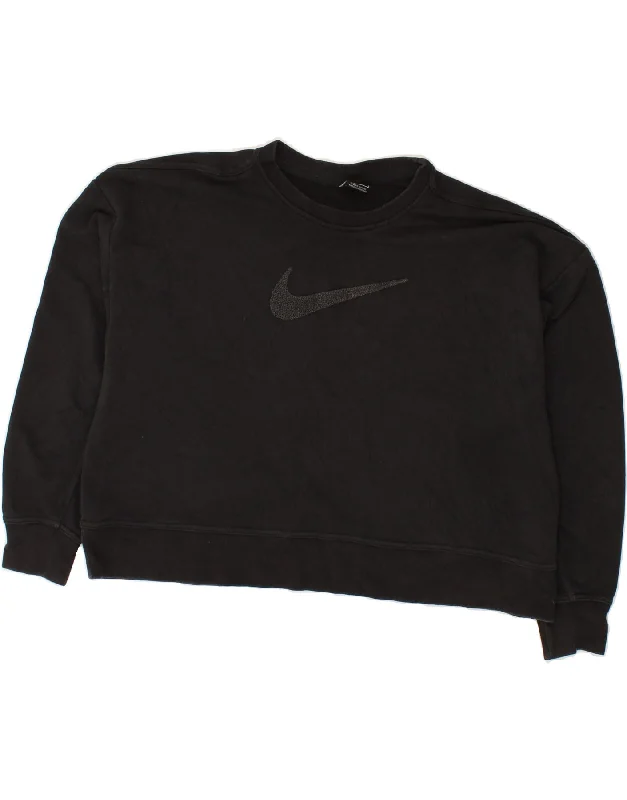 NIKE Womens Crop Graphic Sweatshirt Jumper UK 16 Large Black Cotton Hoodie with Raglan Sleeves Sporty Comfortable