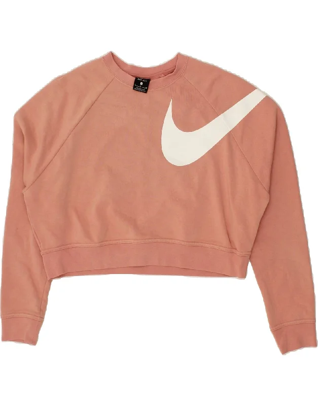 NIKE Womens Dri Fit Graphic Crop Sweatshirt Jumper UK 10 Small Pink Cotton Hoodie with Zipper Placket Modern Functional