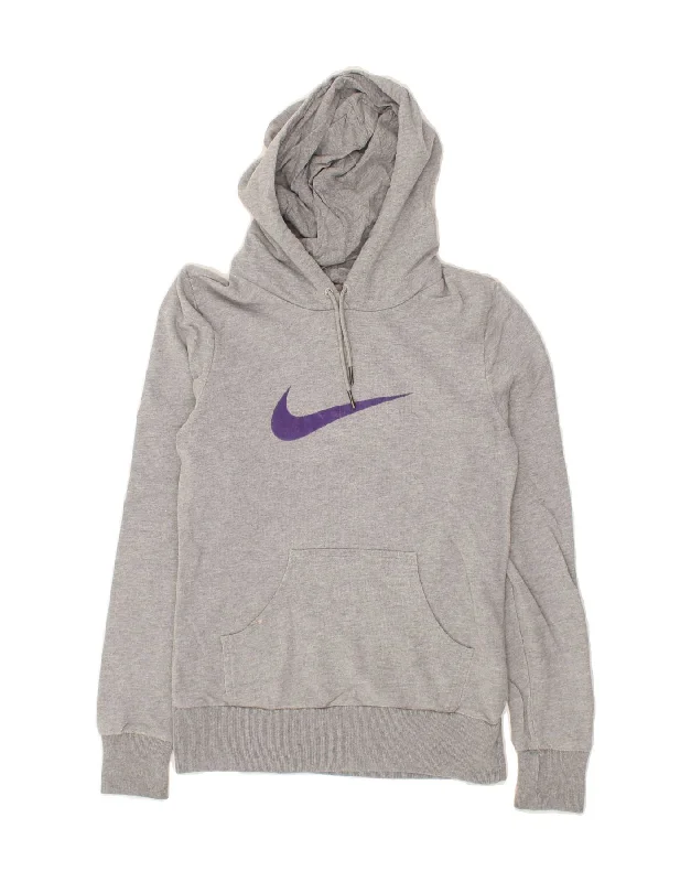 NIKE Womens Graphic Hoodie Jumper UK 12/14 Medium Grey Cotton Hoodie with Embroidery Detailed Premium