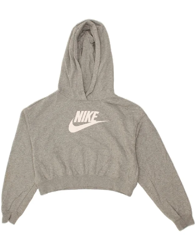 NIKE Womens Oversized Crop Graphic Hoodie Jumper UK 10 Small Grey Cotton Hoodie with Velcro Closure Adjustable Secure