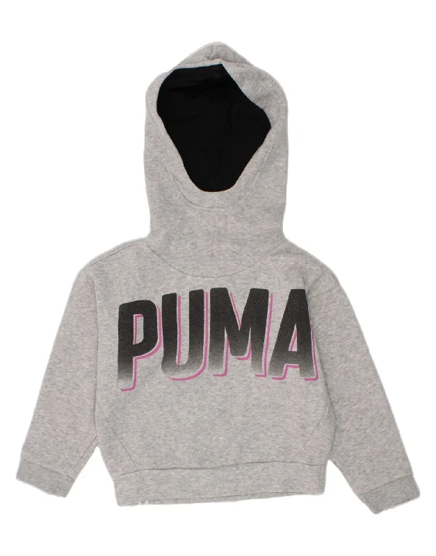 PUMA Girls Graphic Hoodie Jumper 4-5 Years Grey Cotton Hoodie with Hem Embroidery Detailed Premium