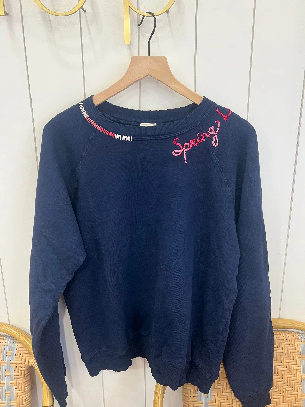 Spring Lake Embroidered Sweatshirt in Navy with Pink Yarns Hoodie with Rolled Sleeves Casual Relaxed