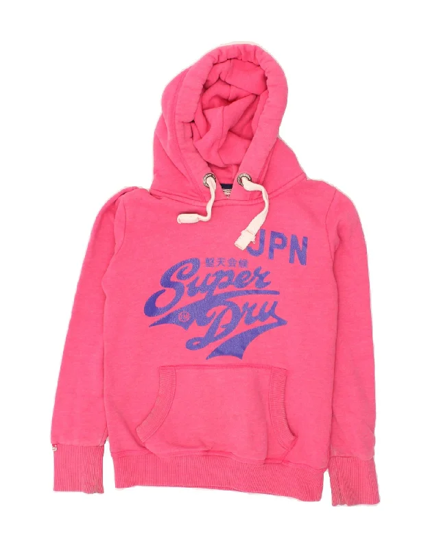 SUPERDRY Womens Graphic Hoodie Jumper UK 10 Small Pink Cotton Hoodie with Raw Hem Edgy Unfinished