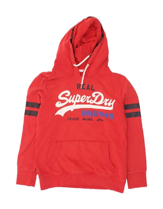 SUPERDRY Womens Graphic Hoodie Jumper UK 14 Medium Red Cotton Hoodie with Oversized Fit Loose Comfortable