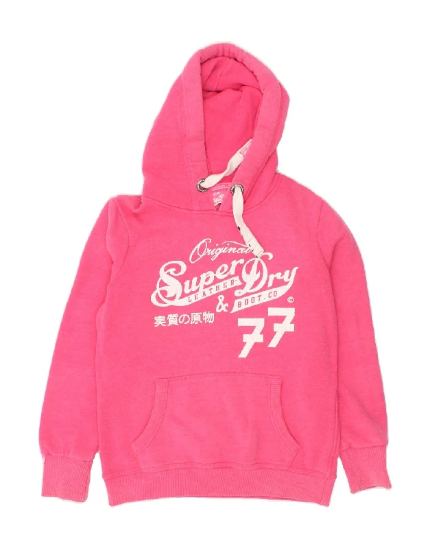 SUPERDRY Womens Graphic Hoodie Jumper UK 16 Large Pink Cotton Hoodie with Applique Textured Unique