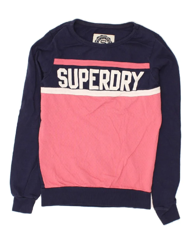 SUPERDRY Womens Graphic Sweatshirt Jumper UK 6 XS Navy Blue Colourblock Hoodie with Earth Tones Natural Calm