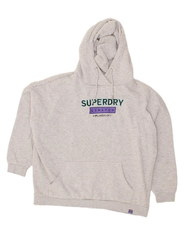 SUPERDRY Womens Oversized Graphic Hoodie Jumper UK 16 Large Grey Cotton Cotton Hoodie Fleece Lining Warmth