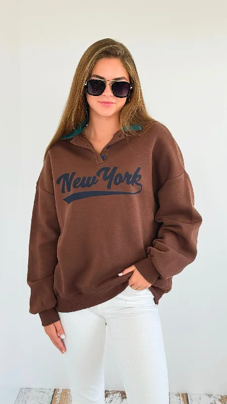 The Big Apple Button Sweatshirt Hoodie with Rolled Sleeves Casual Relaxed