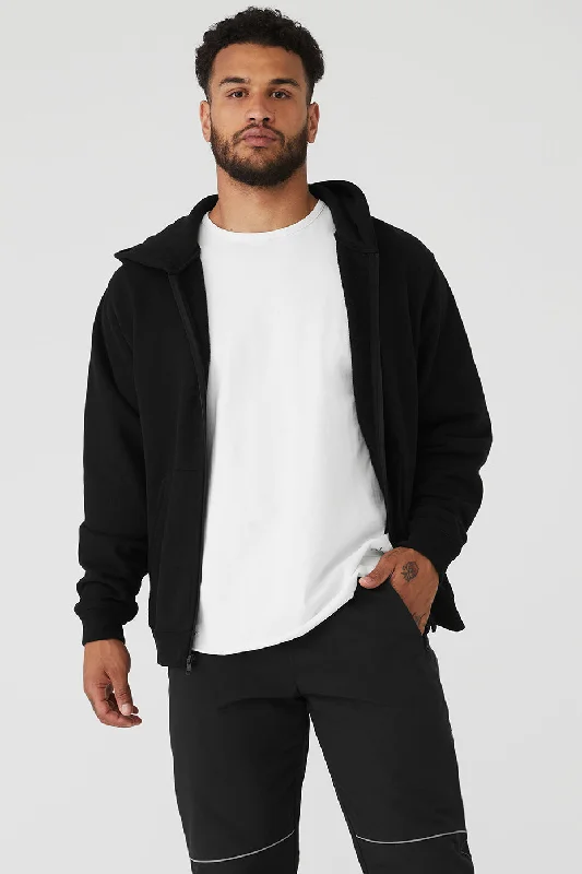 Renown Heavy Weight Full Zip Hoodie - Black Hoodie with Exposed Zipper Edgy Industrial