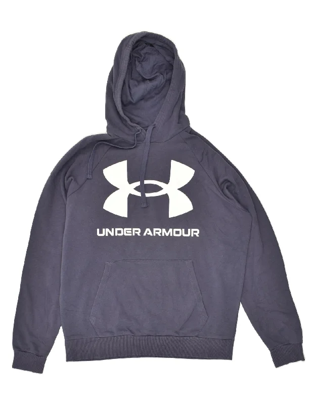 UNDER ARMOUR Mens Graphic Hoodie Jumper Large Navy Blue Cotton Hoodie with Belted Waist Structured Tailored