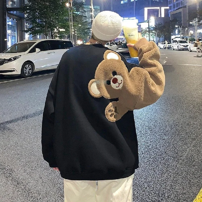 Weirdcore Bear Sleeve Sweatshirt Hoodie with Half-Zip Sporty Casual