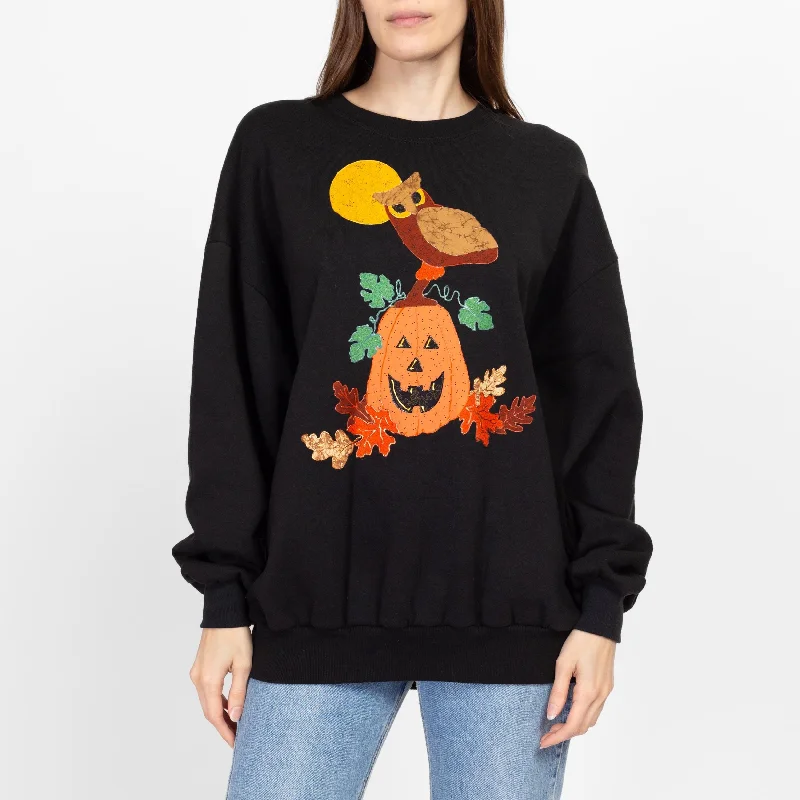 XL 90s Halloween Jack-O-Lantern & Owl Sweatshirt Unisex Hoodie with Belted Waist Structured Tailored