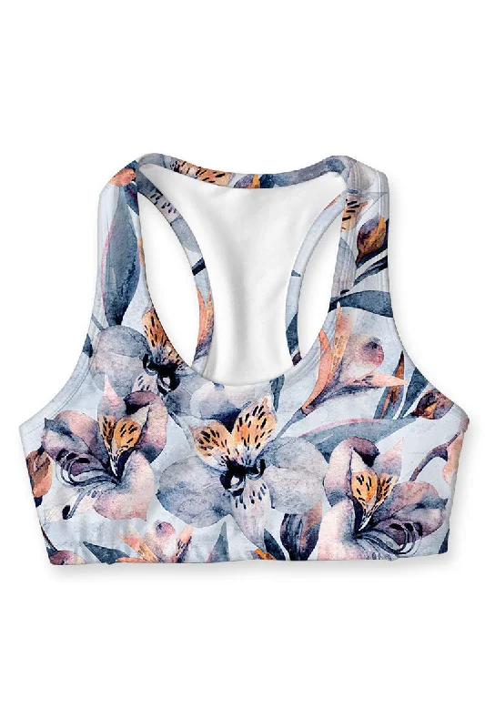 Florescence Stella Blue Floral Seamless Racerback Sports Bra - Women Seamless Push-Up Bra