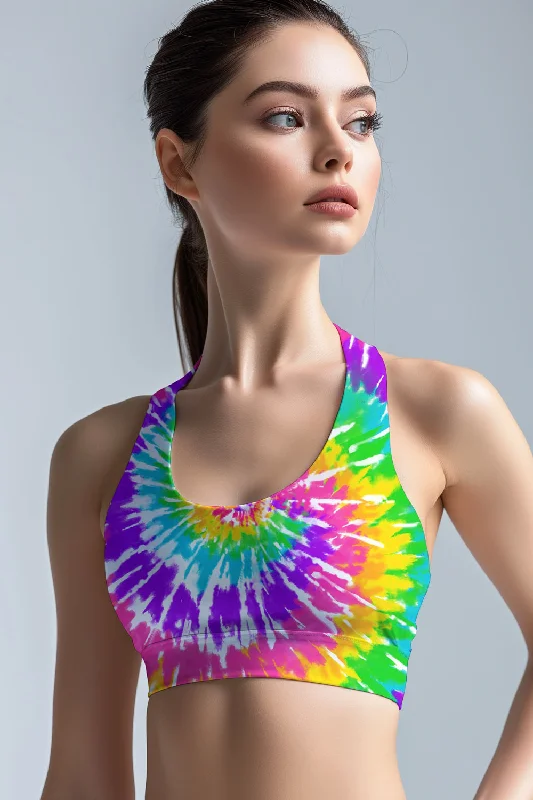 Groovy Stella Pink Tie Dye Print Seamless Racerback Sports Bra - Women Simple Wireless Bra