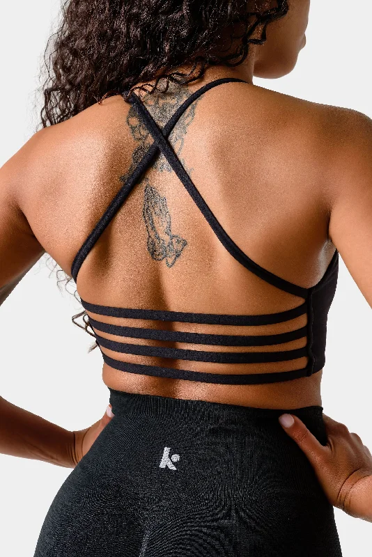 Iris Strappy Back Crop Sports Bra - Black Soft Lace Bra