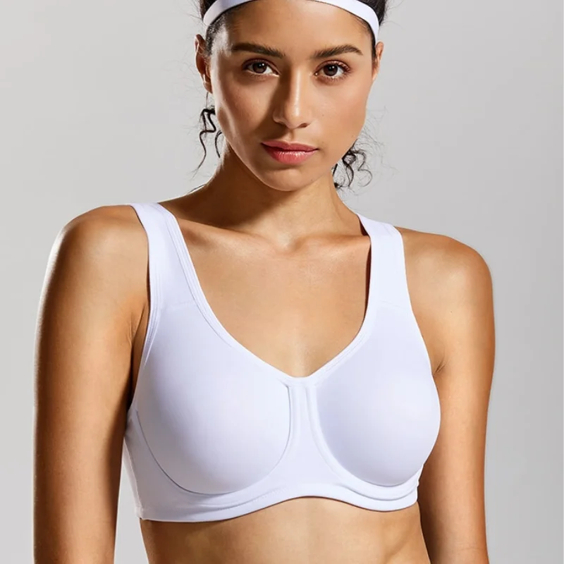 Keyla High Impact Double-layer Outer Underwire Sports Bra| C-G Cup| White - Beige Wireless Lace Bra