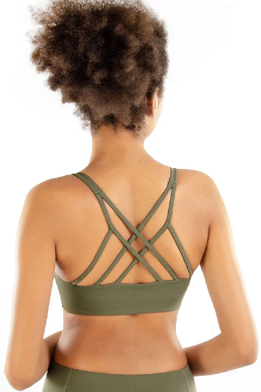 3 for $49! Olive Khaki Green Kelly Strappy Padded Sports Bra - Women Lace-Trimmed Bra