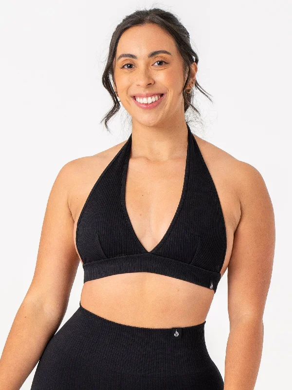 Rib Seamless Halter Sports Bra - Black Comfortable Fit Bralette