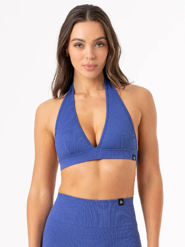 Rib Seamless Halter Sports Bra - Cobalt Wireless Push-Up Bra