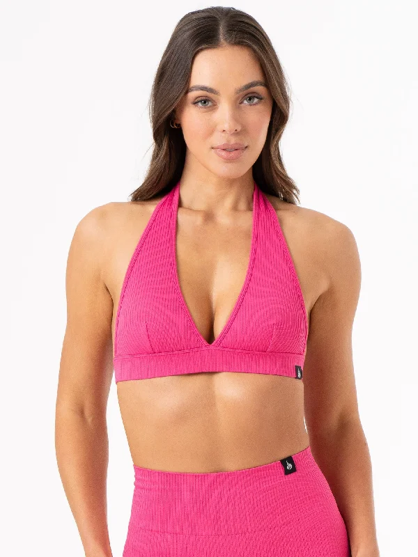 Rib Seamless Halter Sports Bra - Hot Pink Sleek Push-Up Bra